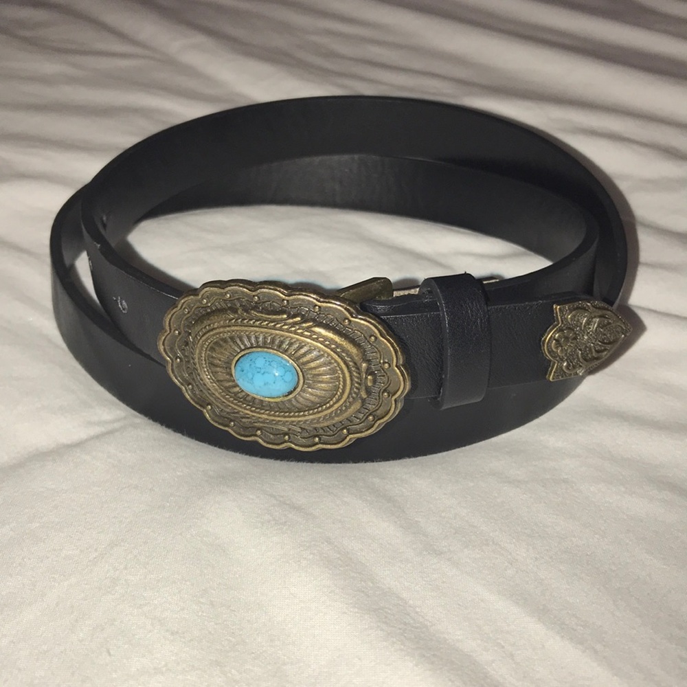 Vegan leather black belt with blue stone buckle
